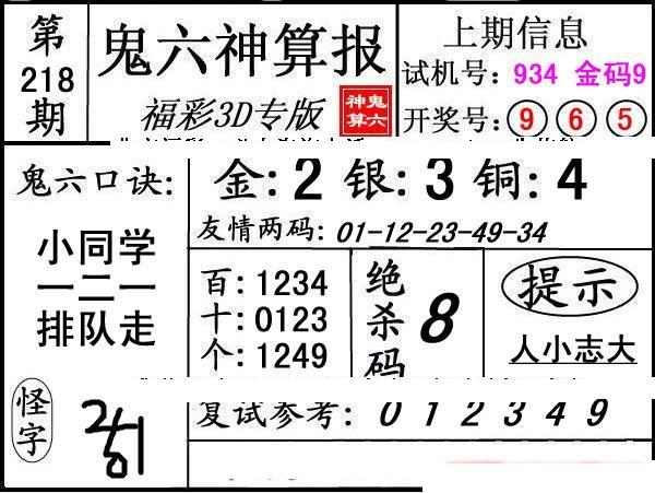 第218期3d鬼六神算报